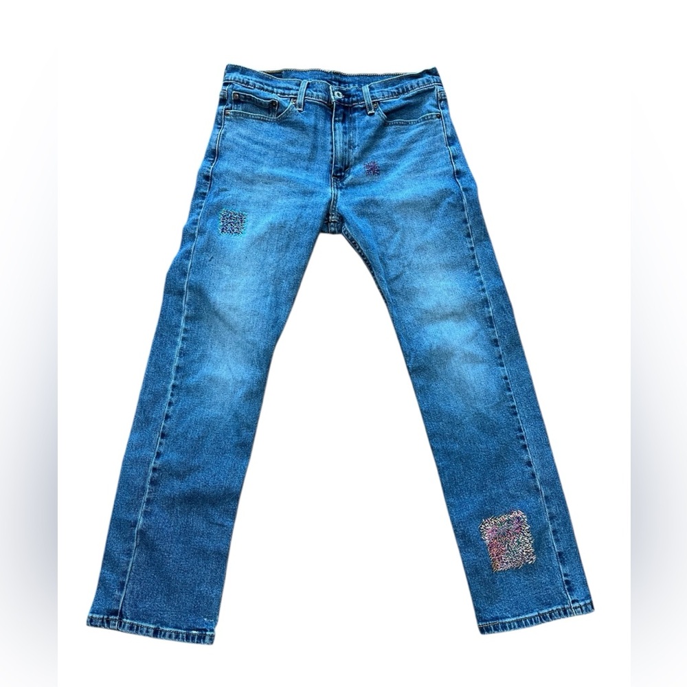 Levis 513 Jeans Slim Fit Distressed reworked hand embroidered 31x30